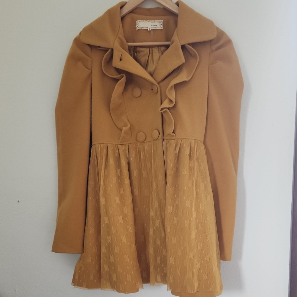 A'Reve Mustard Pea Coat Style Ruffle-Trimmed Coat